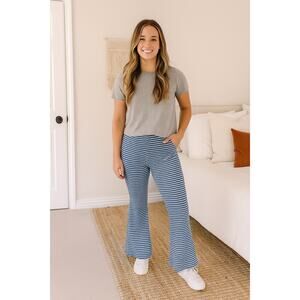 Anthropologie Araminta James Waffle Knit Flare Pants Striped | Blue White | SZ L